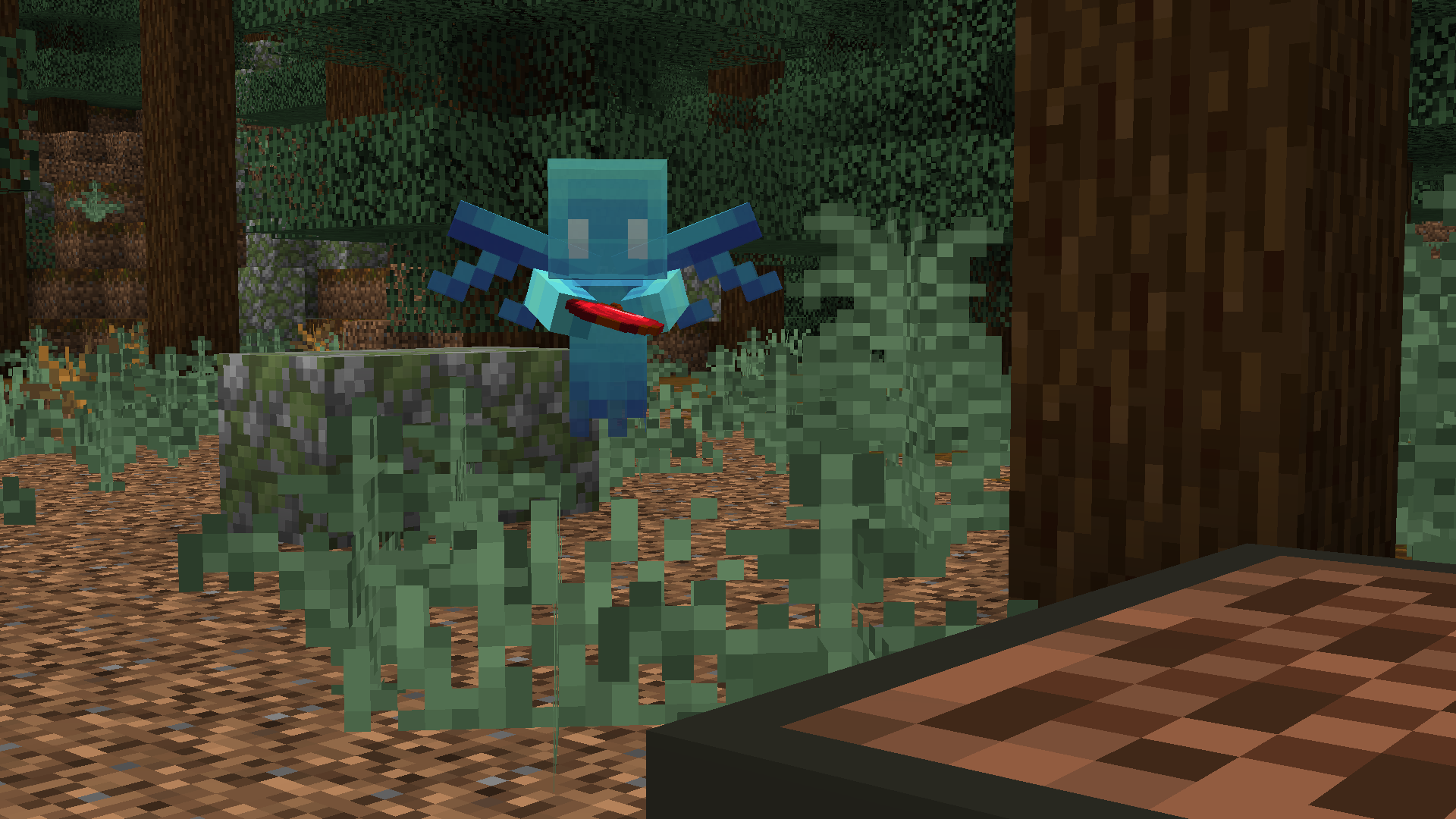 An allay delivering an apple to a noteblock